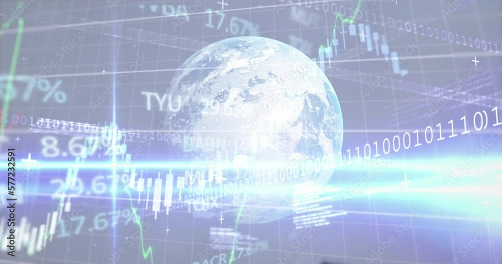 Animation of trading board and multiples graphs with globe over falling dollar bills in background Animation of trading board and multiples graphs with globe over falling dollar bills in background