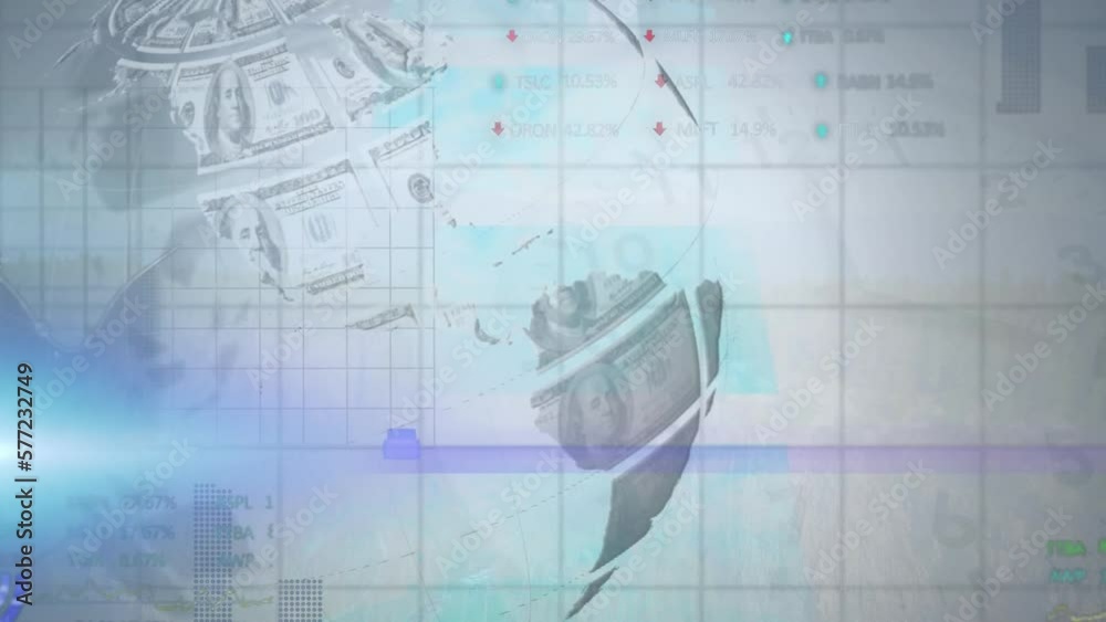 Animation of financial data processing over globe with american dollars Animation of financial data processing over globe with american dollars