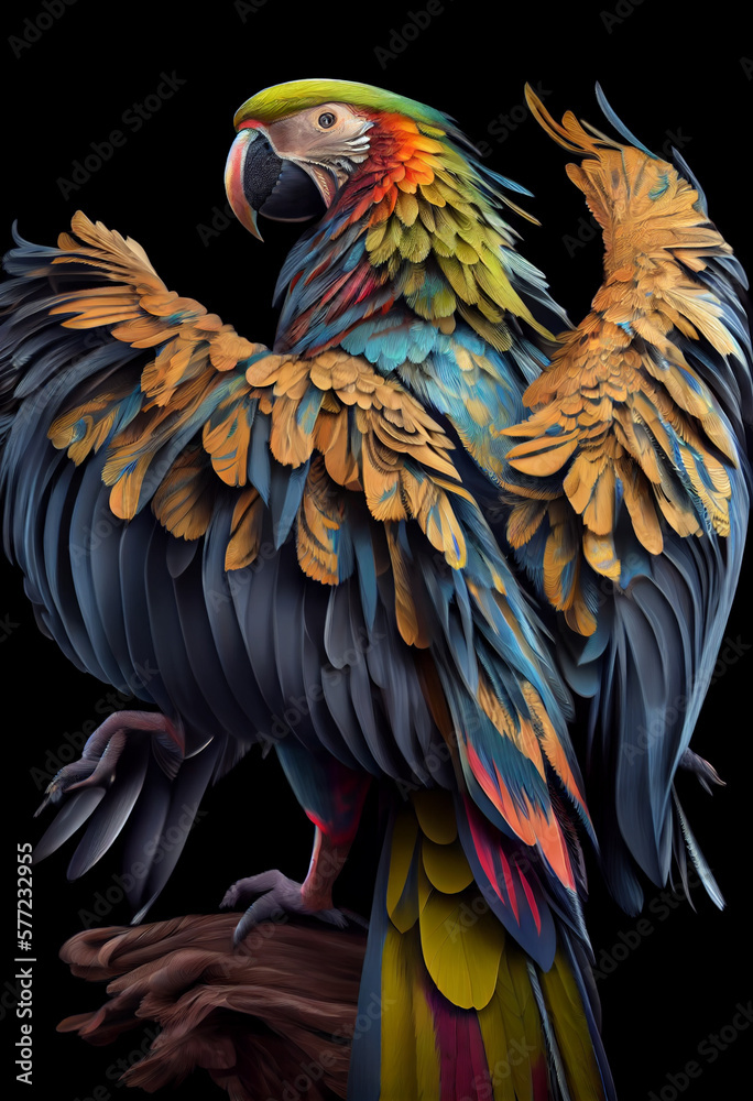 Fototapeta premium Colorful macaw parrot on night sky background.