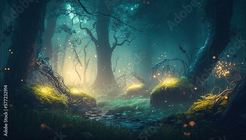 beautiful mystical Magic forest, fireflies fly in the fog, generative AI