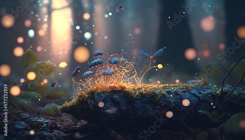 beautiful mystical Magic forest, fireflies fly in the fog, generative AI