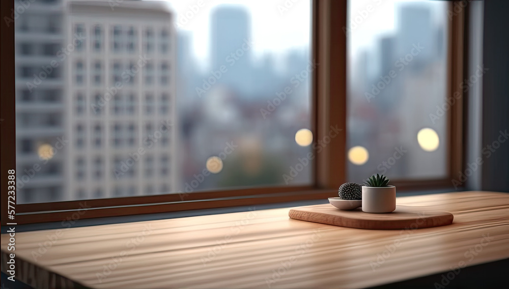 Wooden texture table top on blurred kitchen window background. For product display or design key visual layout. For showcase or montage your items (or foods). Product display mock up. Generative AI Wooden texture table top on blurred kitchen window background. For product display or design key visual layout. For showcase or montage your items (or foods). Product display mock up. Generative AI