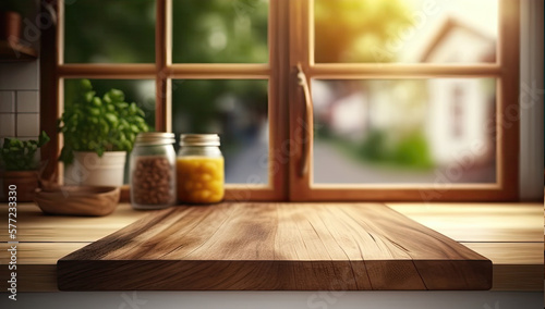 Wooden texture table top on blurred kitchen window background. For product display or design key visual layout. For showcase or montage your items  or foods . Product display mock up. Generative AI