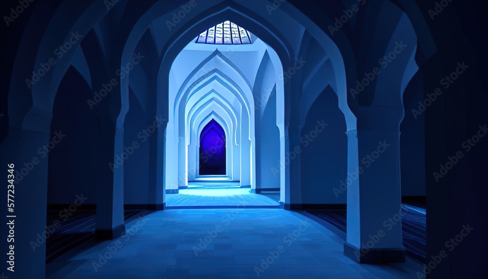 Islamic Mosque Interior Corridor Beautiful blue Lgiht perfect background for islamic posts