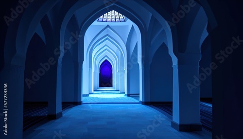 Islamic Mosque Interior Corridor Beautiful blue Lgiht perfect background for islamic posts © Ahmad