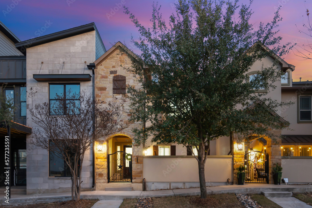 a stone condo at sunset 