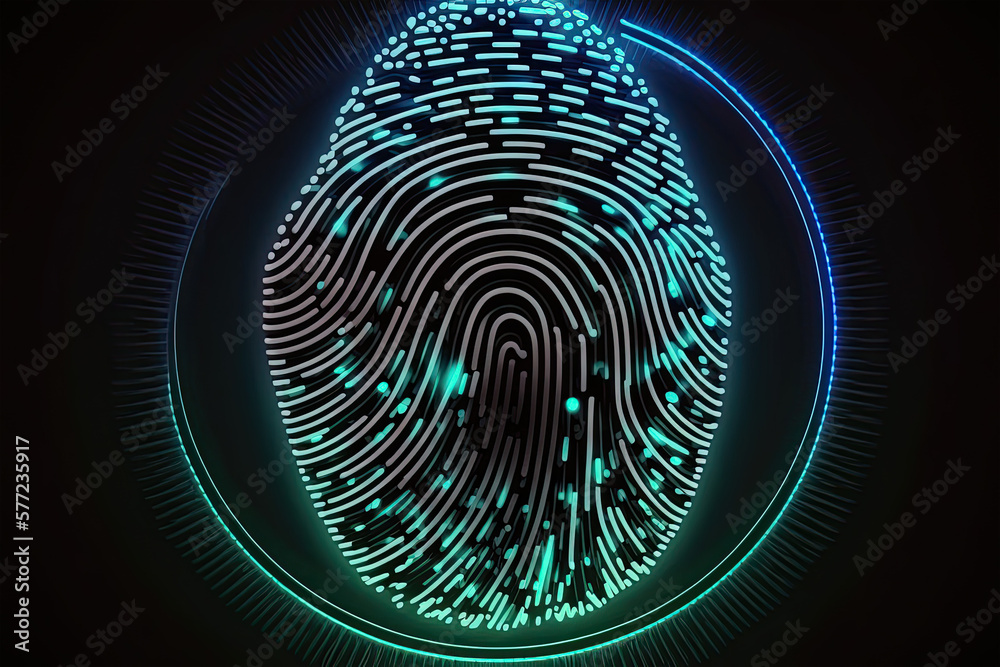 Biometrics identification and cyber security concept. Glowing neon fingerprint on a dark background, Generative AI, Biometrics identification and cyber security concept. Glowing neon fingerprint on a dark background, Generative AI,