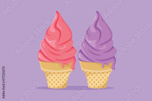 Cartoon flat style drawing fresh delicious American ice cream cone store restaurant logo emblem. Icecream cafe shop logotype template concept. Sweet frozen dessert. Graphic design vector illustration