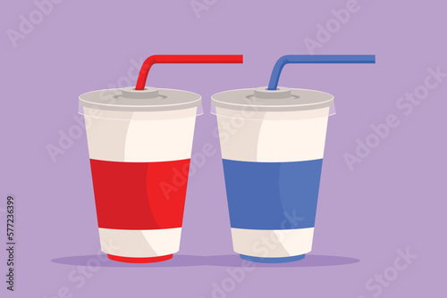 Graphic flat design drawing fresh soft drink on plastic glass logotype. Cafe menu and restaurant badge concept. Street food icon symbol. Refreshing drink in summer. Cartoon style vector illustration