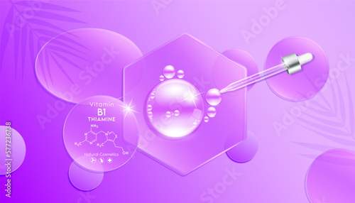 Serum gel drop on transparent hexagon mirror. Cosmetic product swatch vitamin B1, structure. Light textured moisturizing face serum clear skincare liquid. Cosmetics display podium. Top view 3D Vector.