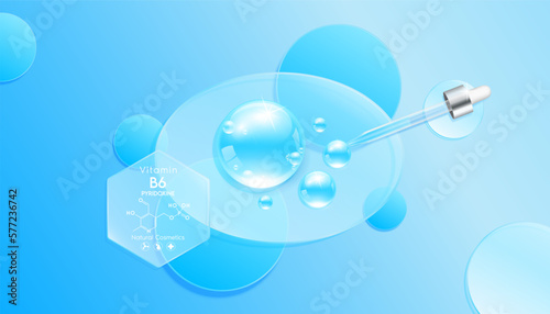 Serum gel drop on transparent circle disks. Cosmetic product swatch vitamin B6 and structure. Light textured moisturizing face serum clear skincare liquid. Cosmetics display podium ads. 3D Vector.