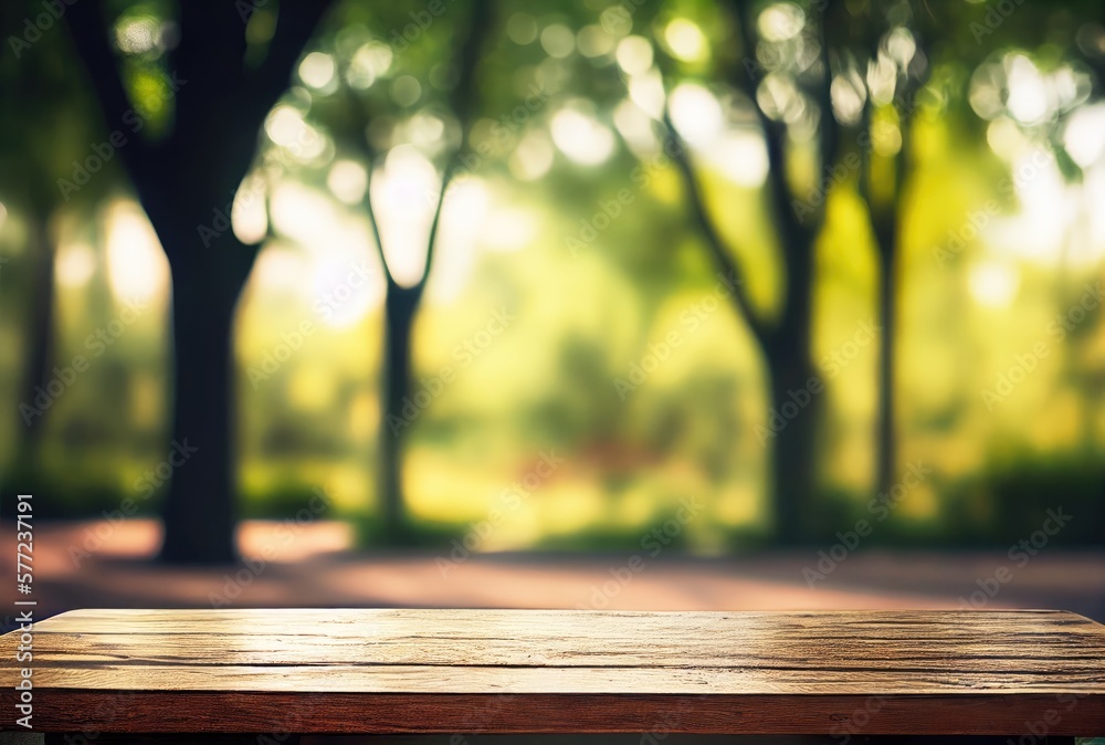 Empty table with blurry green natural park garden or backyard background. Nature and outdoor concept. Generative AI Empty table with blurry green natural park garden or backyard background. Nature and outdoor concept. Generative AI