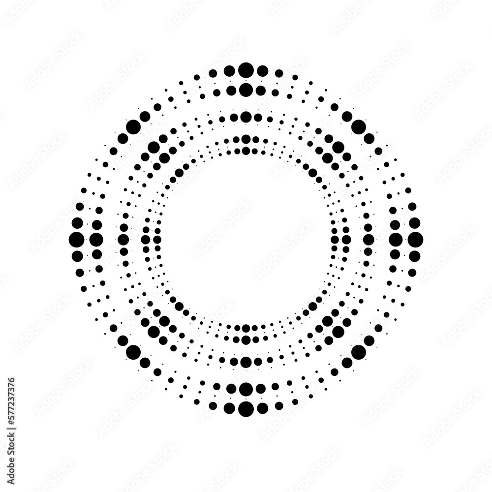 Black halftone dotted lines in circle form. Geometric art. Vector illustration. Design element for border frame, round logo, tattoo, sign, symbol, badge, social media, prints, template, flyer