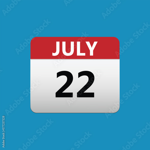 22th July calendar icon. July 22 calendar Date Month icon. Isolated on blue background