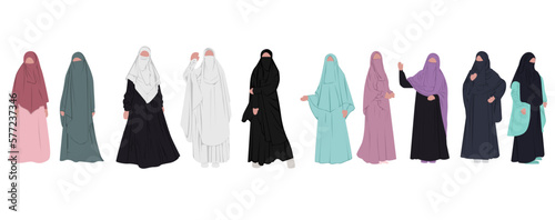 Collection of stylish muslim woman. niqab Hijab muslim woman set. Modern people character in islamic clothes style. hijab vector flat design © avn99projects