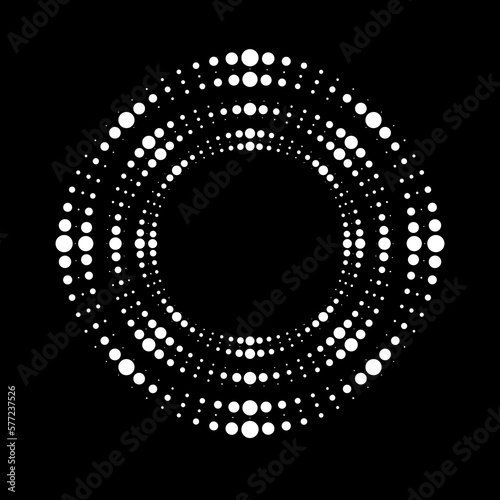 White halftone dotted lines in circle form. Geometric art. Vector illustration. Design element for border frame, round logo, tattoo, sign, symbol, badge, social media, prints, template, flyer