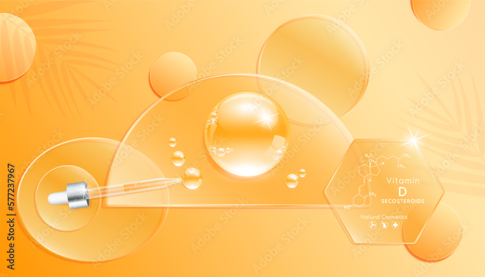 Serum gel drop orange on transparent semicircle glass. Cosmetic product swatch vitamin D structure on display podium. Light textured moisturizing face serum clear skincare liquid. Top view 3D Vector.