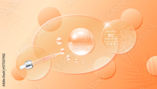 Serum gel drop on transparent ellipse disk glass. Cosmetic product swatch vitamin B12 structure on display podium. Light textured moisturizing face serum clear skincare liquid. Top view 3D Vector.