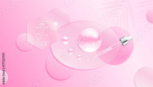 Serum gel drop on transparent ellipse mirror. Cosmetic product swatch vitamin PP, structure. Light textured moisturizing face serum clear skincare liquid. Cosmetics display podium. Top view 3D Vector.