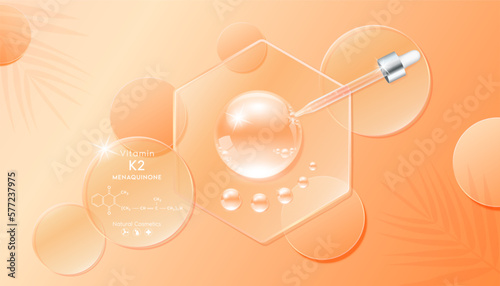 Serum gel drop orange on transparent hexagon glass. Cosmetic product swatch vitamin K2 structure on display podium. Light textured moisturizing face serum clear skincare liquid. Top view 3D Vector.