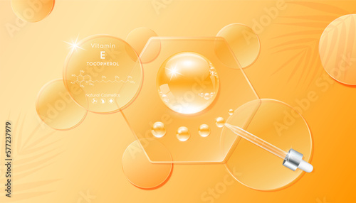 Serum gel drop orange on transparent hexagon glass. Cosmetic product swatch vitamin E structure on display podium. Light textured moisturizing face serum clear skincare liquid. Top view 3D Vector.