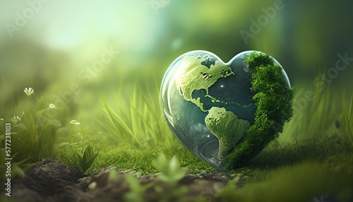 Fototapeta Naklejka Na Ścianę i Meble -  heart shaped planet on green meadow for earth day