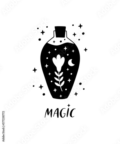 Potion bottle with magic elixir or poison. Mystical jar vector illustration. Hand drawn esoteric alchemy symbol isolated on white background. Black witch brew clipart.