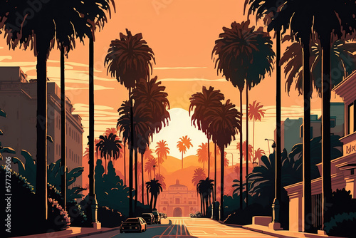 Sunset on a street with palm trees. Generative AI photo