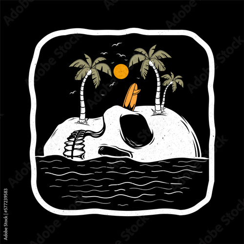 Vector illustration surf themed skull, tropical skull with coconut tree
