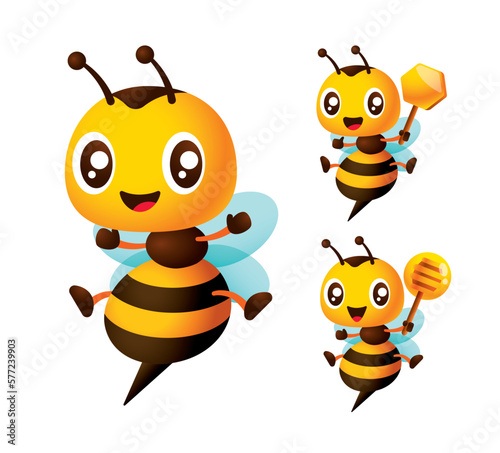 Cartoon cute bee mascot set. Happy honey bee holding honey dipper and honeycomb sign. Character vector illustration