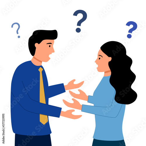 Businessman and businesswoman talking about work problem in flat design on white background. Meeting discussion.