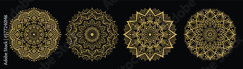 Gold color round abstract ethnic ornament mandalas. Based on old greek, indian, arabic and turkish motifs. Vector illustration