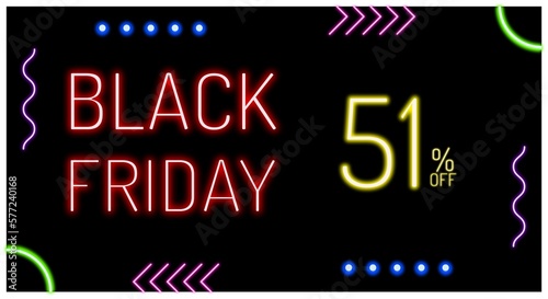 Black Friday tag with neon lights. In colors: red, purple, blue, pink, yellow and green