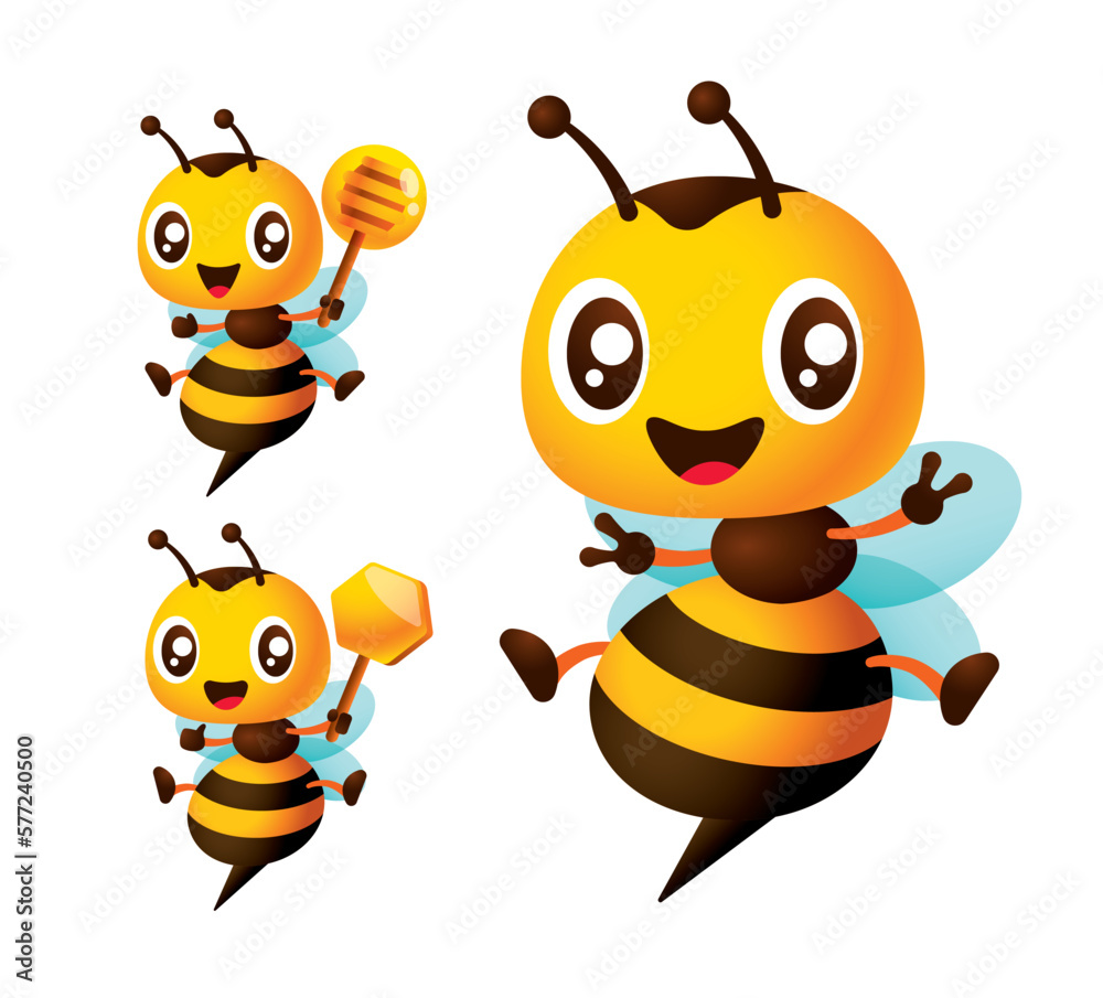 Cartoon cute bee character set. Happy honey bee holding honey dipper and honeycomb sign. Bee mascot vector illustration Cartoon cute bee character set. Happy honey bee holding honey dipper and honeycomb sign. Bee mascot vector illustration