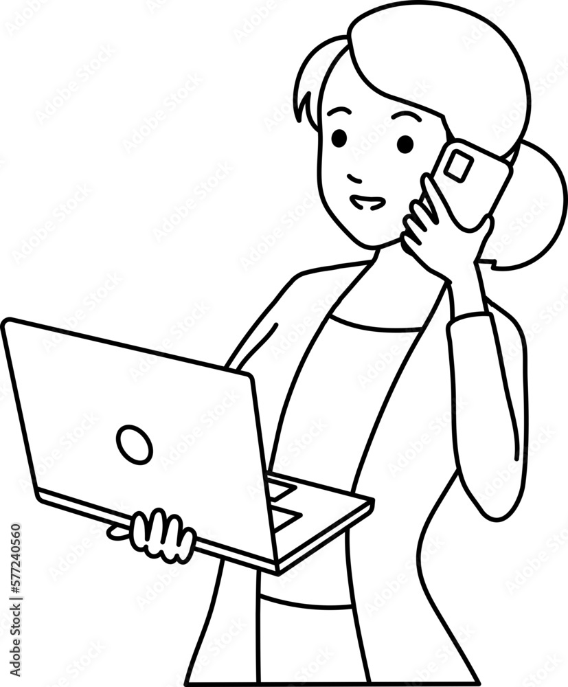 Female Entrepreneur Holding Laptop and Phone Calling Line