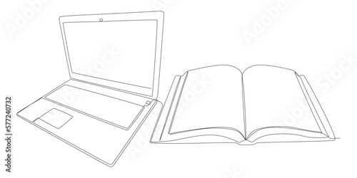 One continuous line of Laptop and book. Thin Line Illustration vector concept. Contour Drawing Creative ideas.