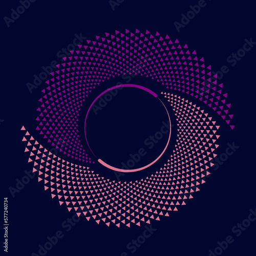 Pink and violet triangles and lines in round form. Geometric art. Vector illustration. Design element for border frame, round logo, tattoo, sign, symbol, badge, social media, prints, template, flyer