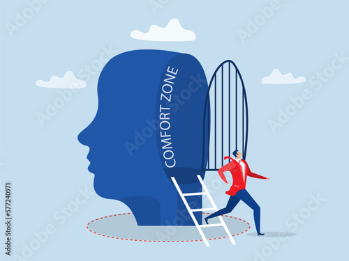 businessman step out of comfort circle for freedom for new success.manage to exit from original idea to start new idea conceptcomfort zone concept vector