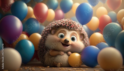 Adorable cute hedgehog in a ball pool with balloons. Created with Generative AI. © lchumpitaz