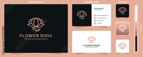 Minimalist elegant flower rose beauty with line art style. logo use cosmetics  yoga and spa logo design inspiration. set of logo and business card design