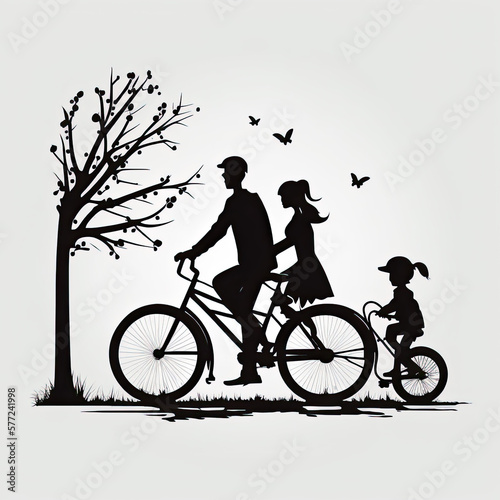Beautiful, adorable, loving family with child black and white image of silhouettes in the park, hearts, love, calm, playful, on bicycle, bike © Bernice