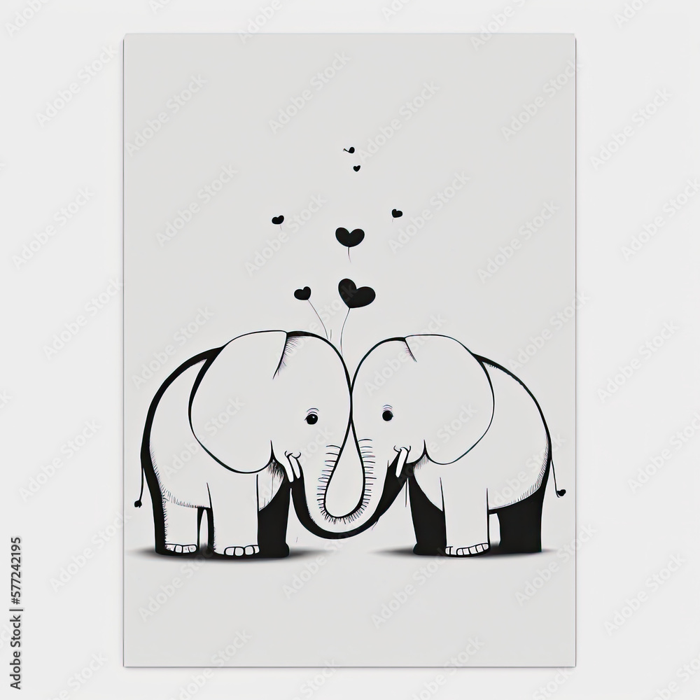 Beautiful, adorable, loving elephant couple black and white image of silhouettes.  Love, romance, wedding, relationship, kiss, heart, cute, 