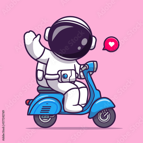 Cute Astronaut Riding Scooter Cartoon Vector Icon Illustration. Science Transportation Icon Concept Isolated Premium Vector. Flat Cartoon Style