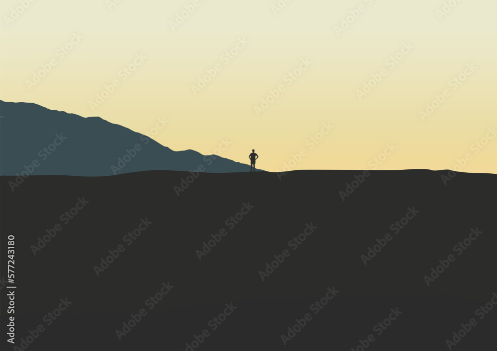 silhouette of a person in the mountains in the morning, vector illustration.