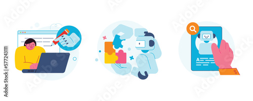 The Age of AI. Intelligence Meets Technology. Business concept illustration with people and icons. A robot that writes down search results and a robot that puts together puzzles.