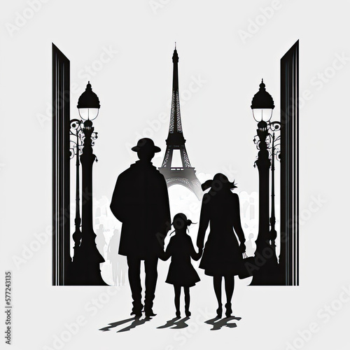 Beautiful, adorable, loving family with child black and white image of silhouettes in front of an urban cityscape.  Paris, France, Eiffel Tower