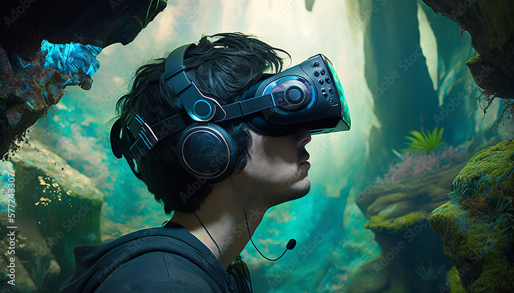 Gamer immersed in a virtual reality game, exploring a stunningly