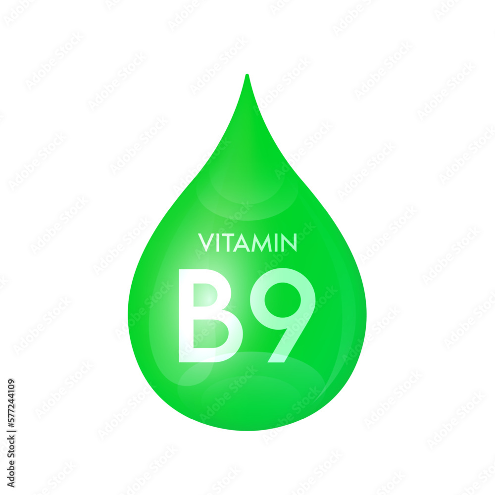 Drip vitamin B9 green icon 3D isolated on a white background. Drop minerals and vitamins complex realistic. Used for nutrition products food. Medical scientific concepts. Vector EPS10 illustration. Drip vitamin B9 green icon 3D isolated on a white background. Drop minerals and vitamins complex realistic. Used for nutrition products food. Medical scientific concepts. Vector EPS10 illustration.