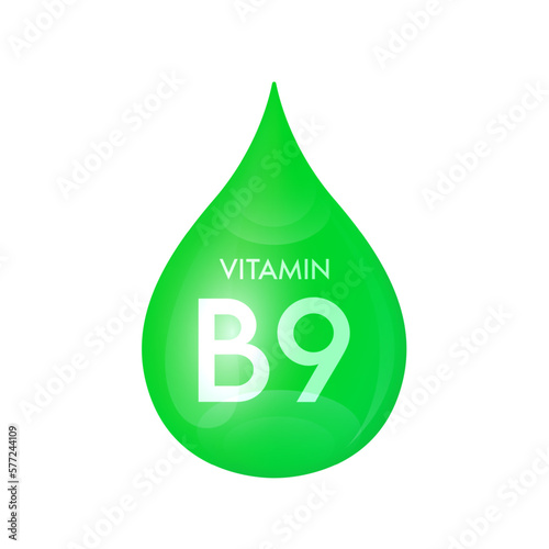 Drip vitamin B9 green icon 3D isolated on a white background. Drop minerals and vitamins complex realistic. Used for nutrition products food. Medical scientific concepts. Vector EPS10 illustration.