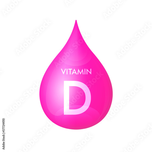 Drip vitamin D pink icon 3D isolated on a white background. Drop minerals and vitamins complex realistic. Used for nutrition products food. Medical scientific concepts. Vector EPS10 illustration.